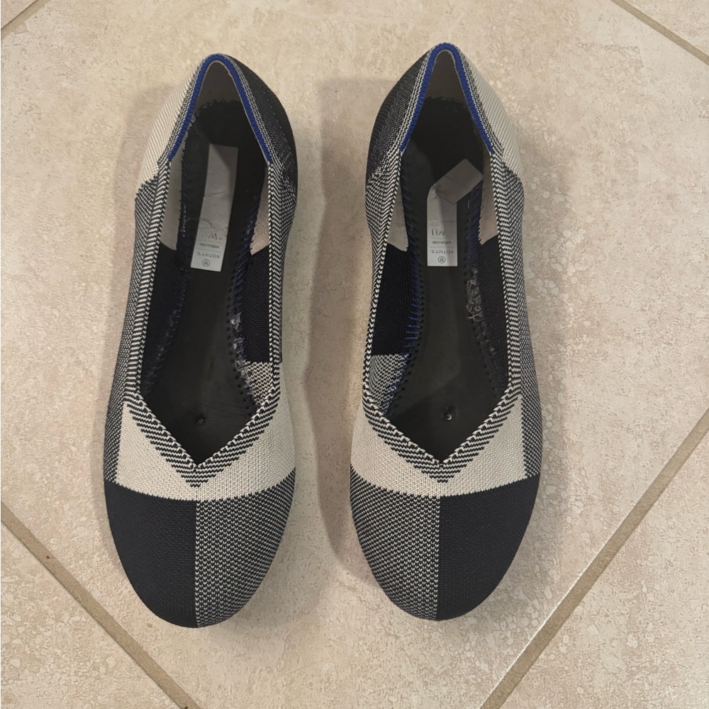 Rothy's Round Cap Toe Black and White Checkered Slip On Flats